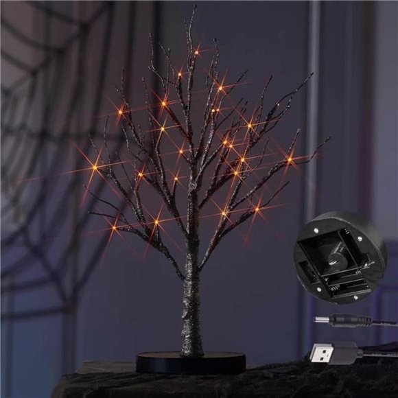 Lighted Tabletop Black Glittered Spooky Tree with Orange Lights 24 LED 18 Inches - Picture 1 of 6